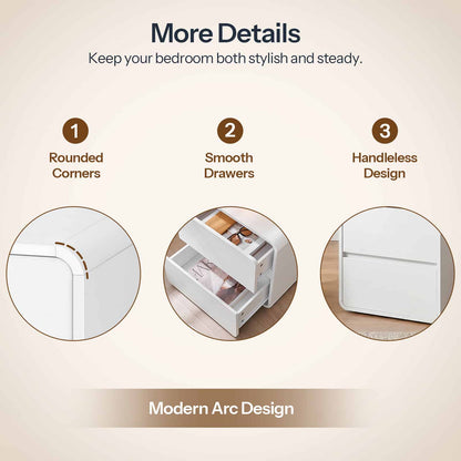 Product features with rounded corners, smooth drawers, and handleless design on a beige background.