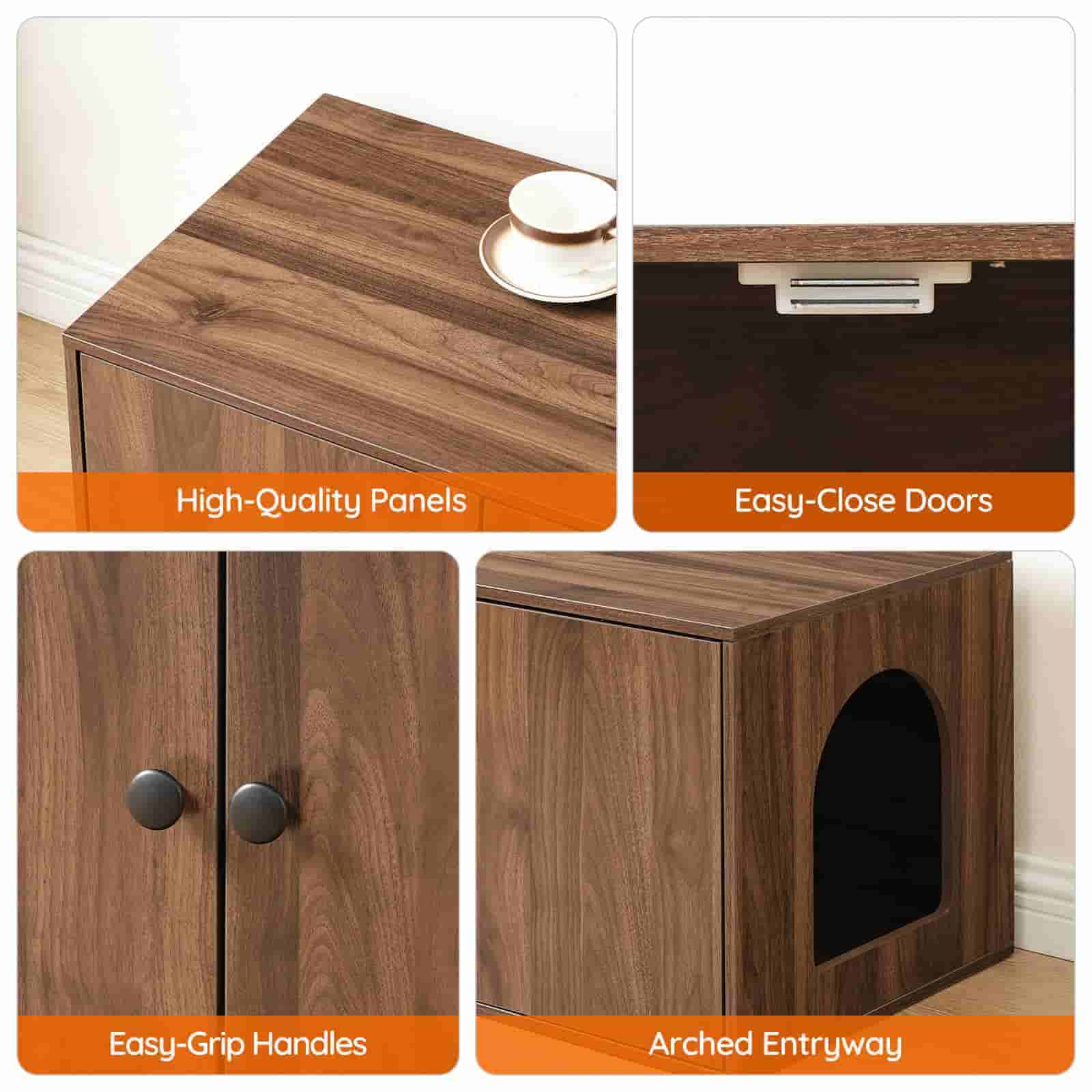 Multi-panel detail view highlighting premium walnut finish, magnetic door catches, metal handles, and arched cat door.