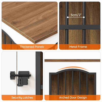 Wooden gate with metal frame, thick panels, security latches, and arched design.
