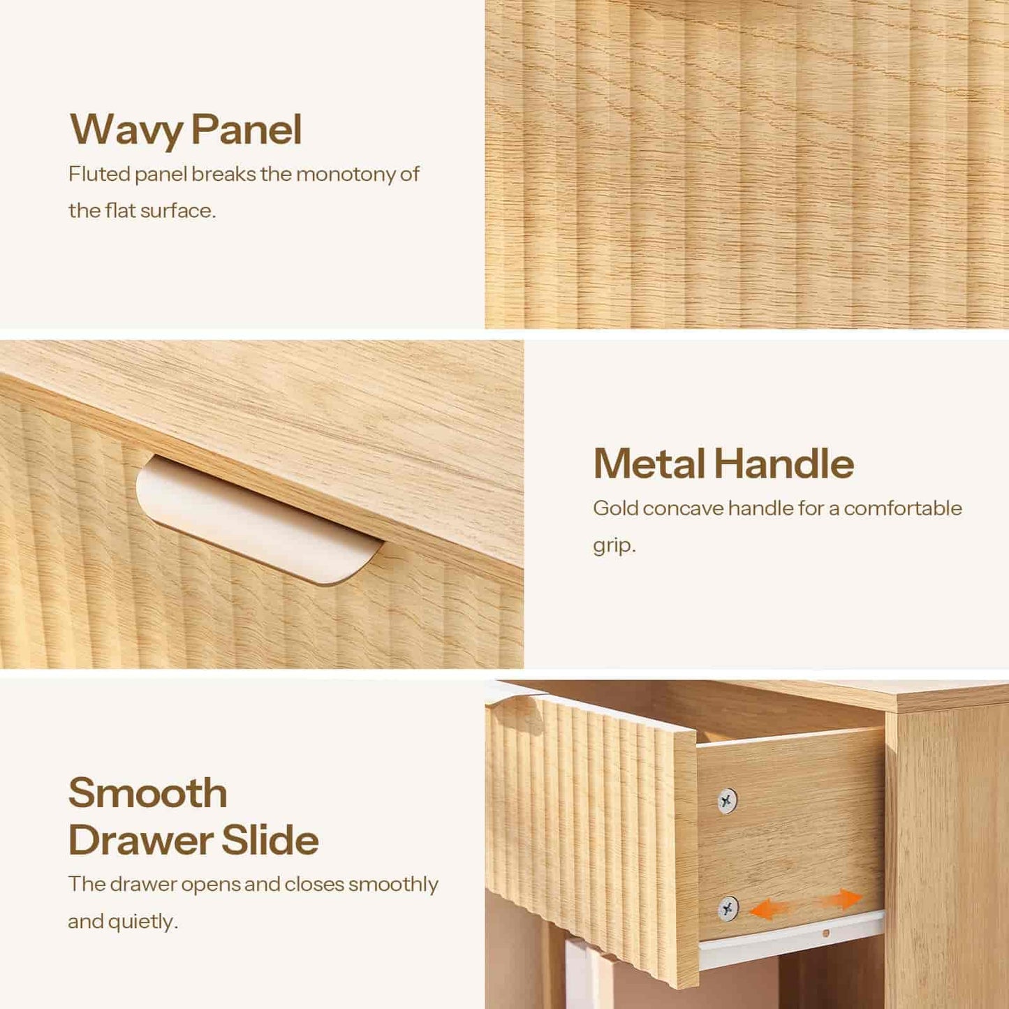 Wooden drawer with wavy panel, metal handle, and smooth drawer slide features.