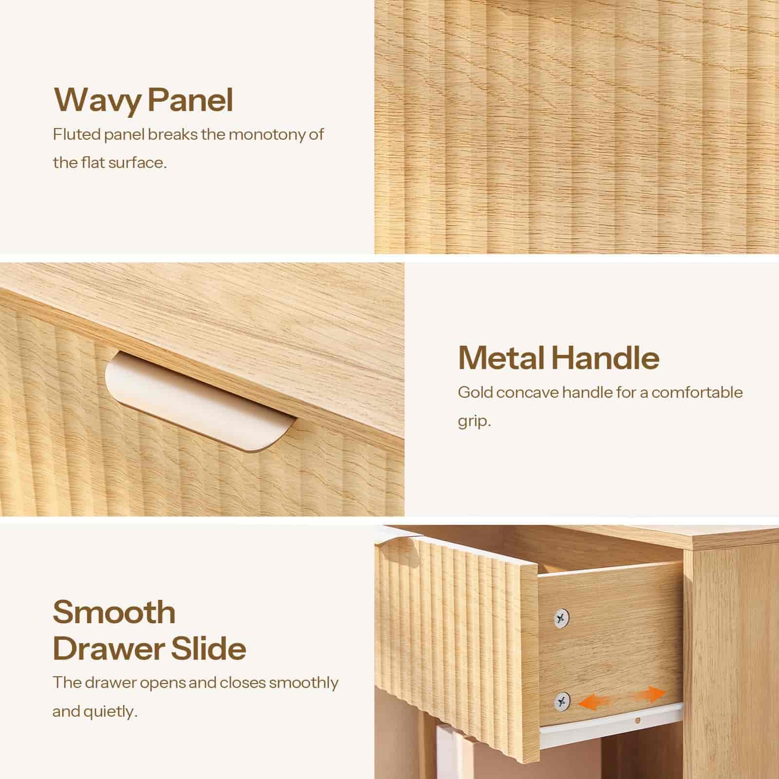 Wooden drawer with wavy panel, metal handle, and smooth drawer slide features.
