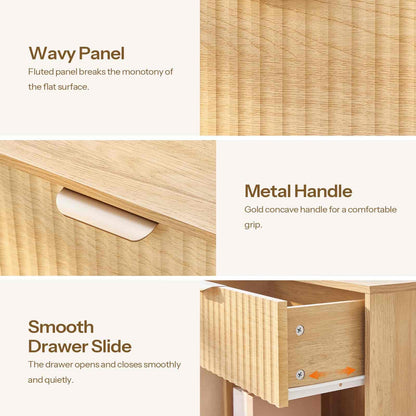 Wooden drawer with wavy panel, metal handle, and smooth drawer slide features.
