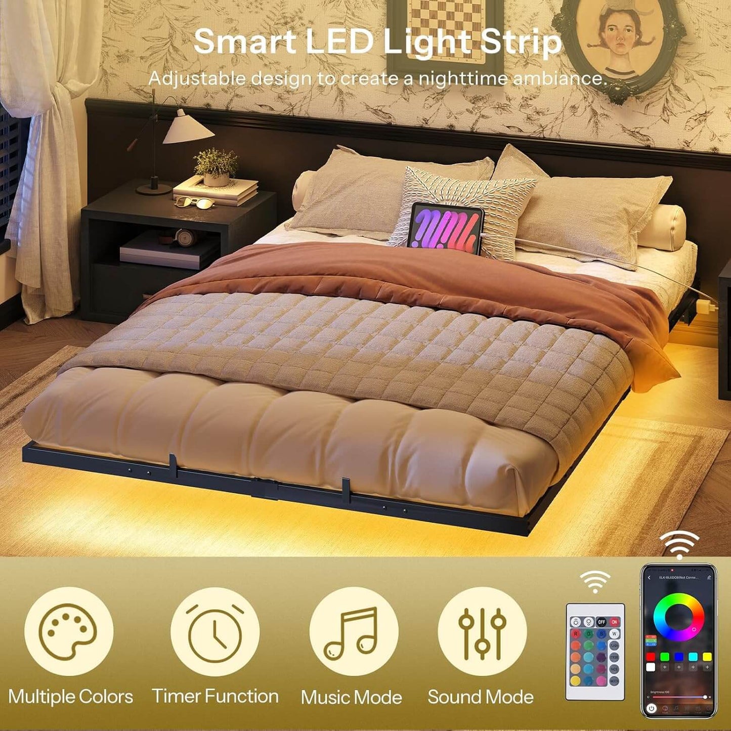 Smart LED light strip on a bed with adjustable color and function options.
