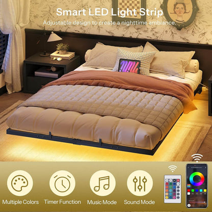 Smart LED light strip on a bed with adjustable color and function options.