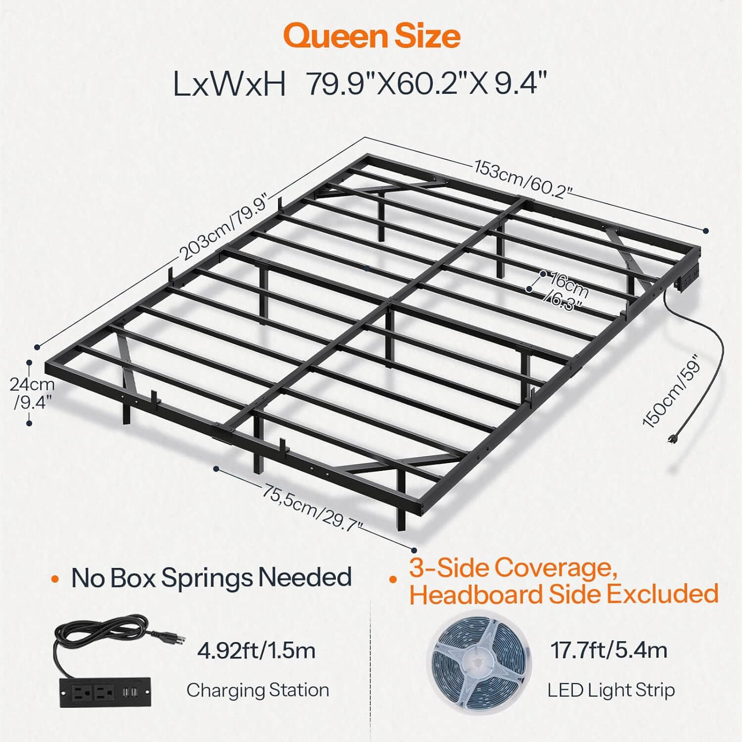 Queen size metal bed frame with dimensions and features on a white background