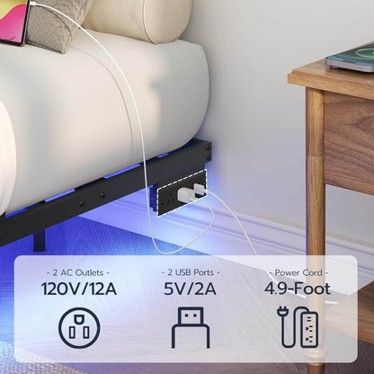 Underbed power strip with AC outlets, USB ports, and power cord in a bedroom setting.