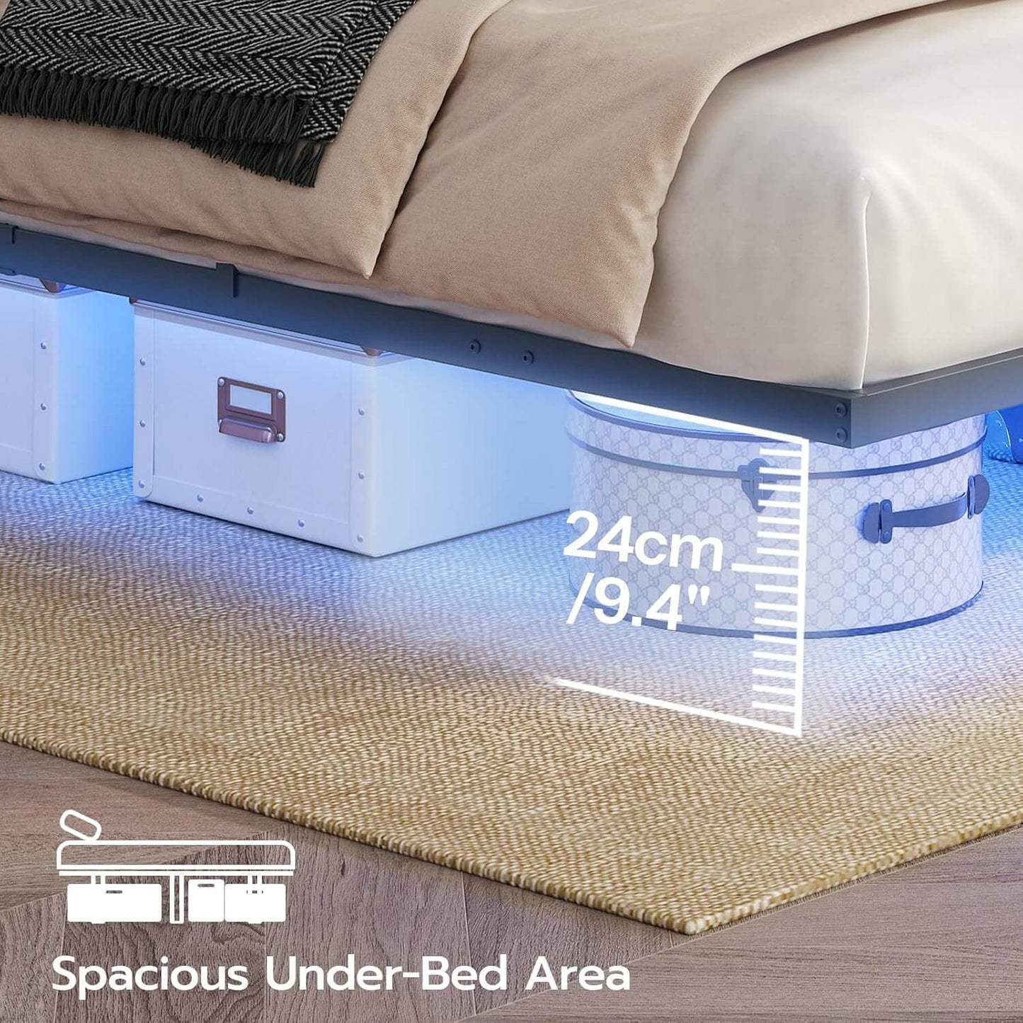Bed with under-bed storage bins and measurement text on a wooden floor.