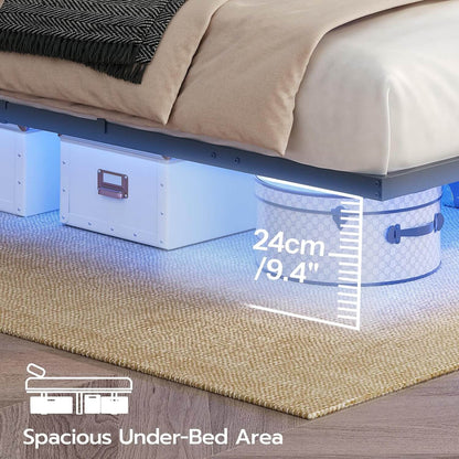 Bed with under-bed storage bins and measurement text on a wooden floor.