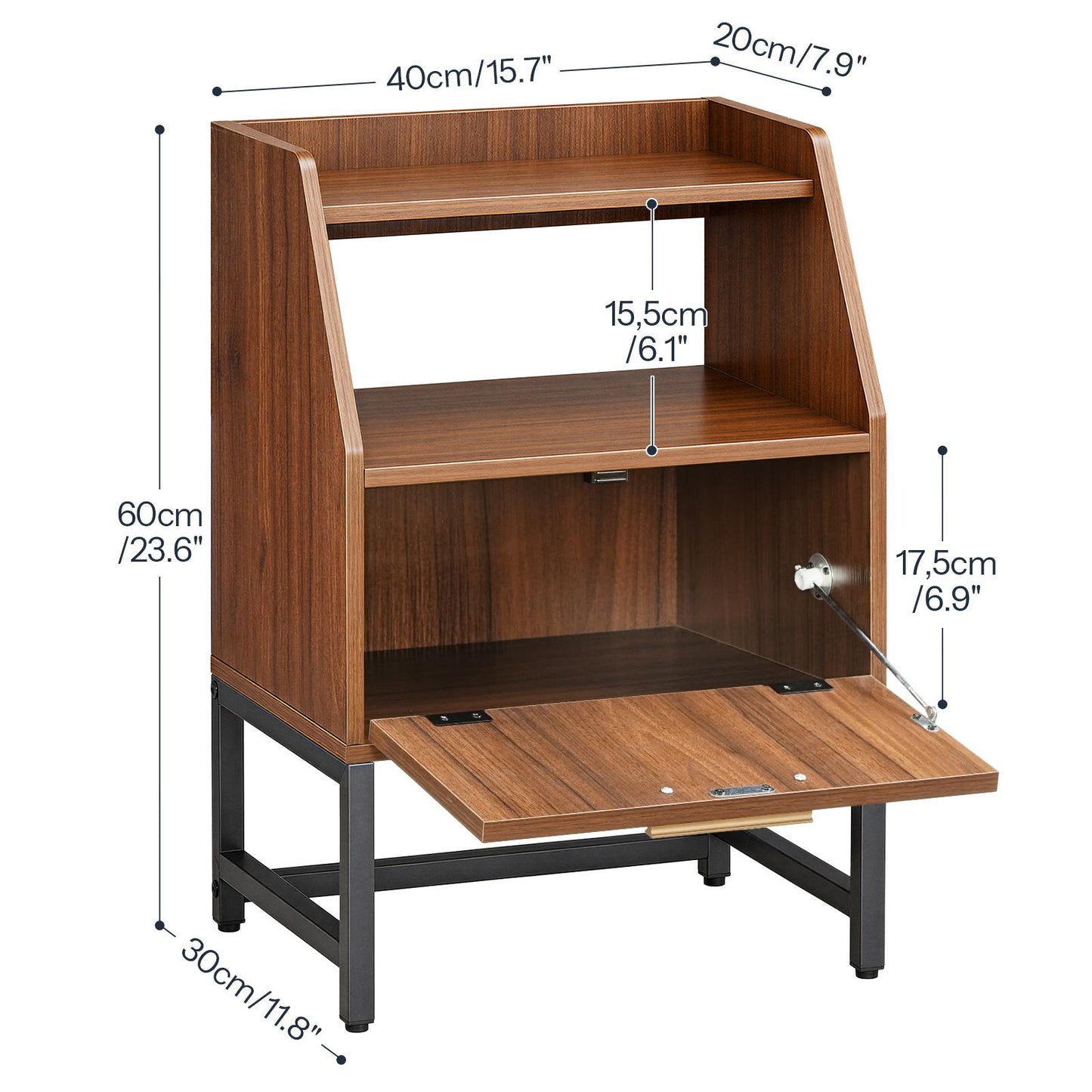 Detailed size dimensions and storage compartment height chart for the rattan accent nightstand.