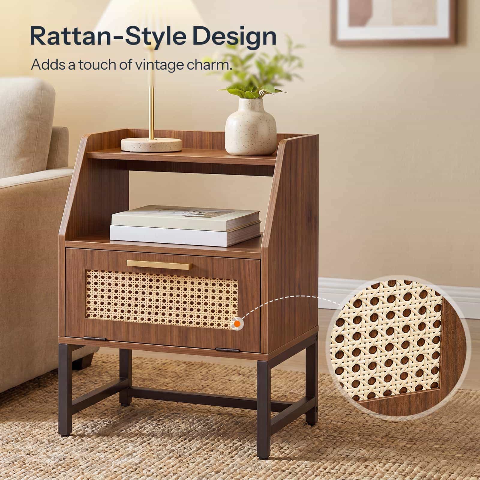 Close-up showcasing the exquisite texture of the rattan-style weave door panel and gold handle.