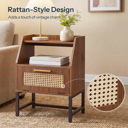 Close-up showcasing the exquisite texture of the rattan-style weave door panel and gold handle.