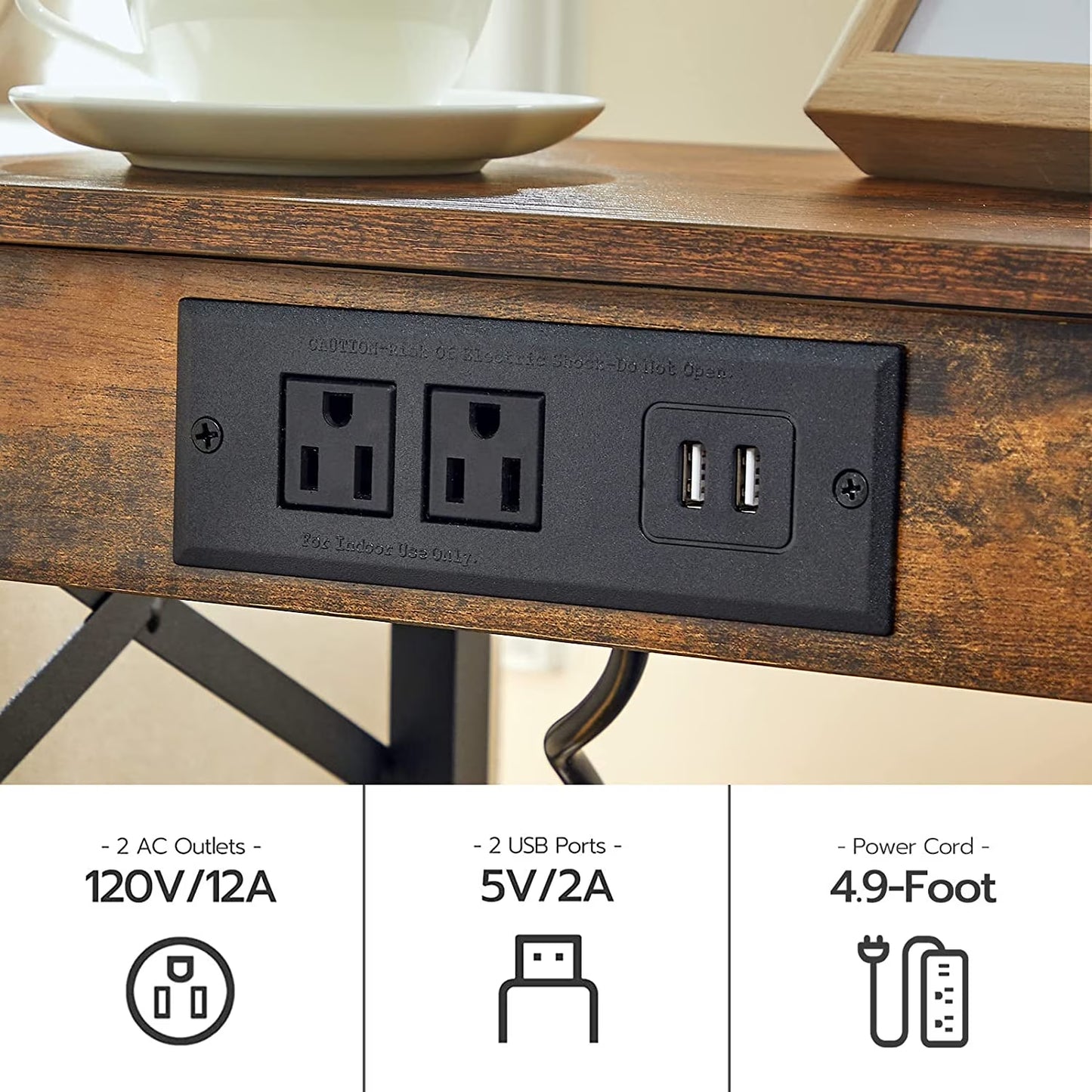 Close-up diagram of the recessed black power strip showing two AC outlets and two USB ports specifications.