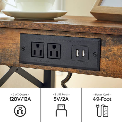 Close-up diagram of the recessed black power strip showing two AC outlets and two USB ports specifications.