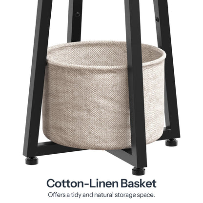 Close up details of the integrated circular cotton-linen blend fabric storage basket hammock on the base frame.