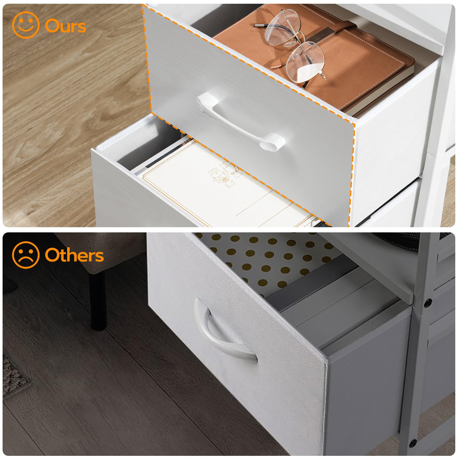 Comparison of two white drawers with different designs and features.
