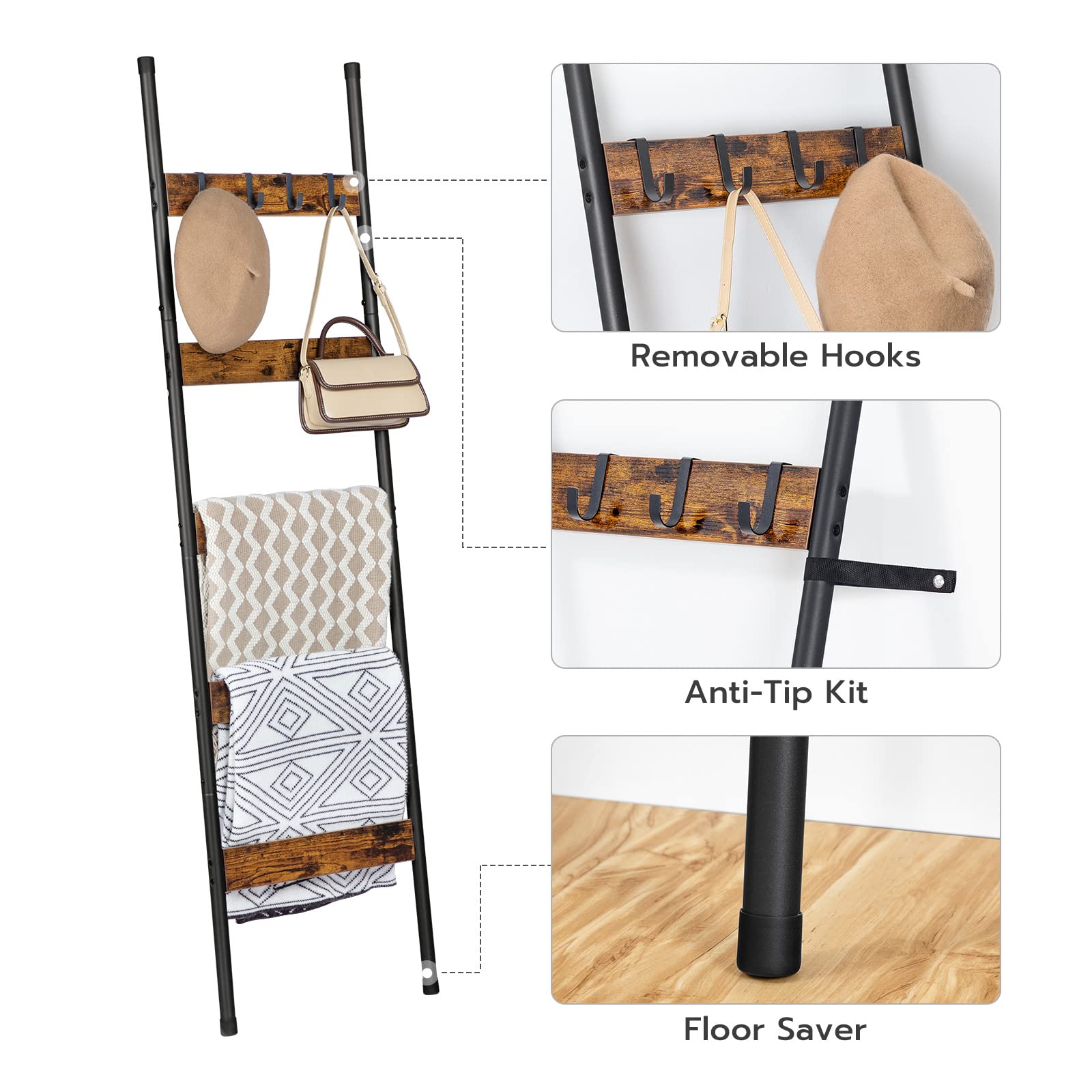 Product safety features including removable metal hooks, an anti-tip wall strap, and non-slip floor pads.