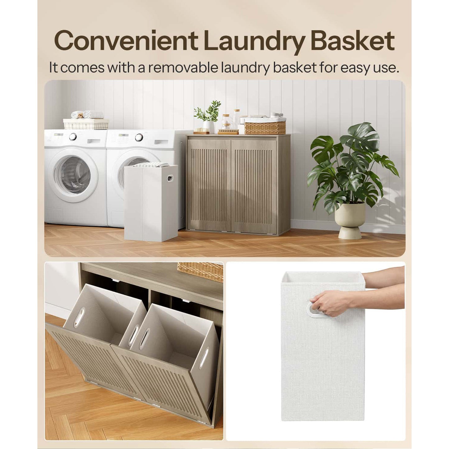Close-up showing the convenient removable oxford fabric laundry liner bags being pulled out by cloth handles.