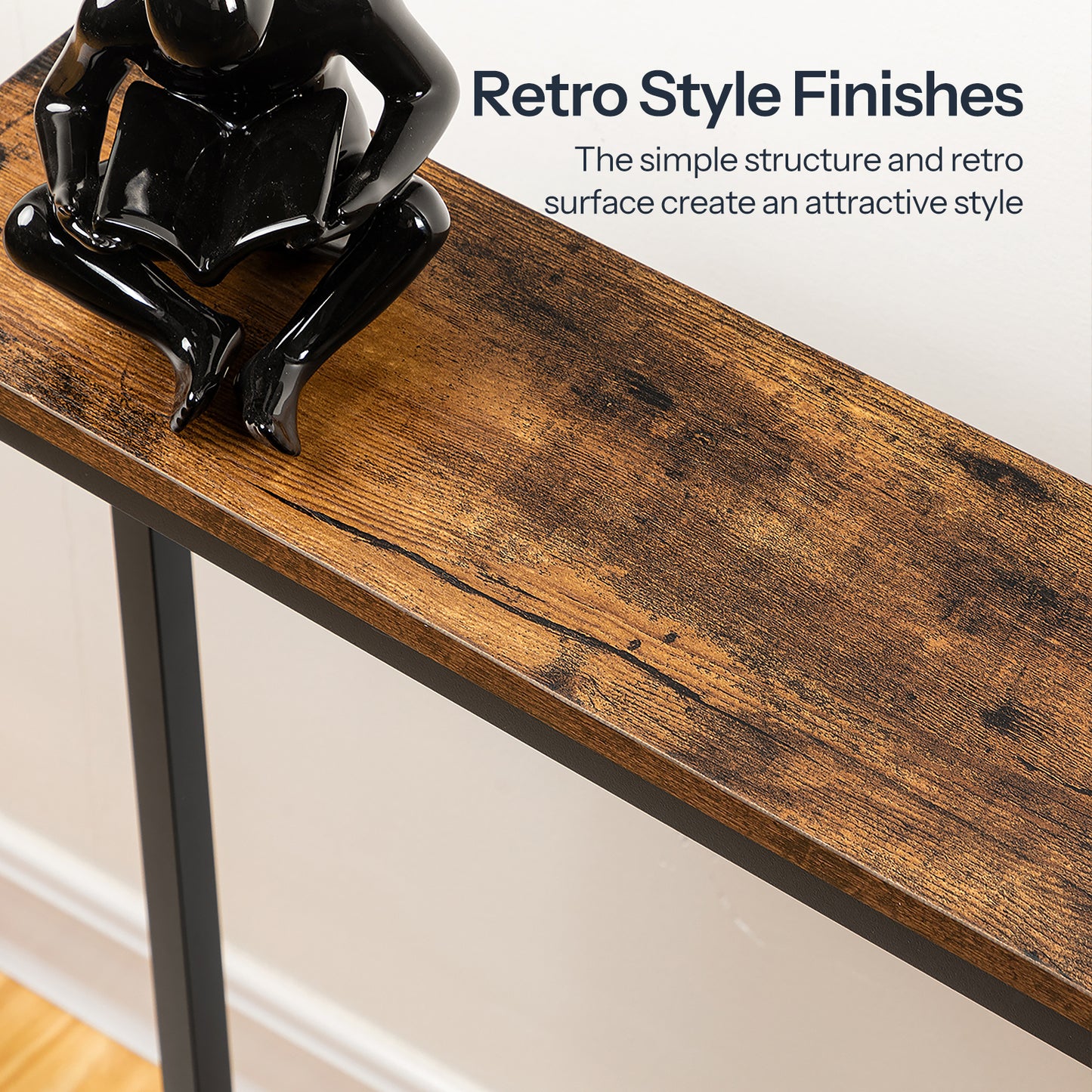 Retro style wood finish top shelf surface of the narrow rustic entryway table