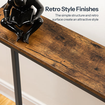 Retro style wood finish top shelf surface of the narrow rustic entryway table