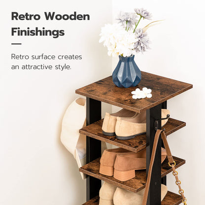 Retro rustic brown wooden finish top surface of the narrow shoe storage stand.