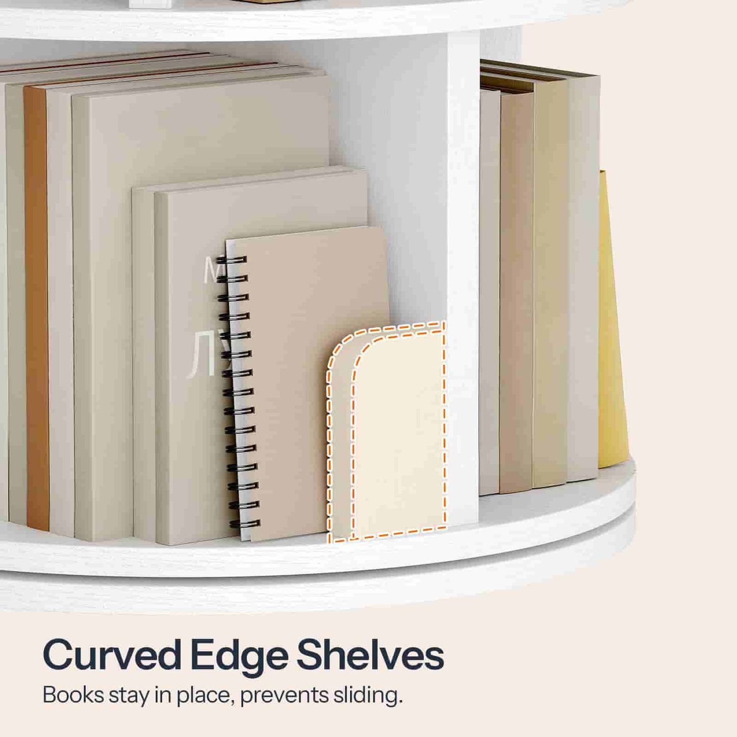 Close-up of the smooth curved edge shelves on the white rotating bookcase protecting book corners from wear.