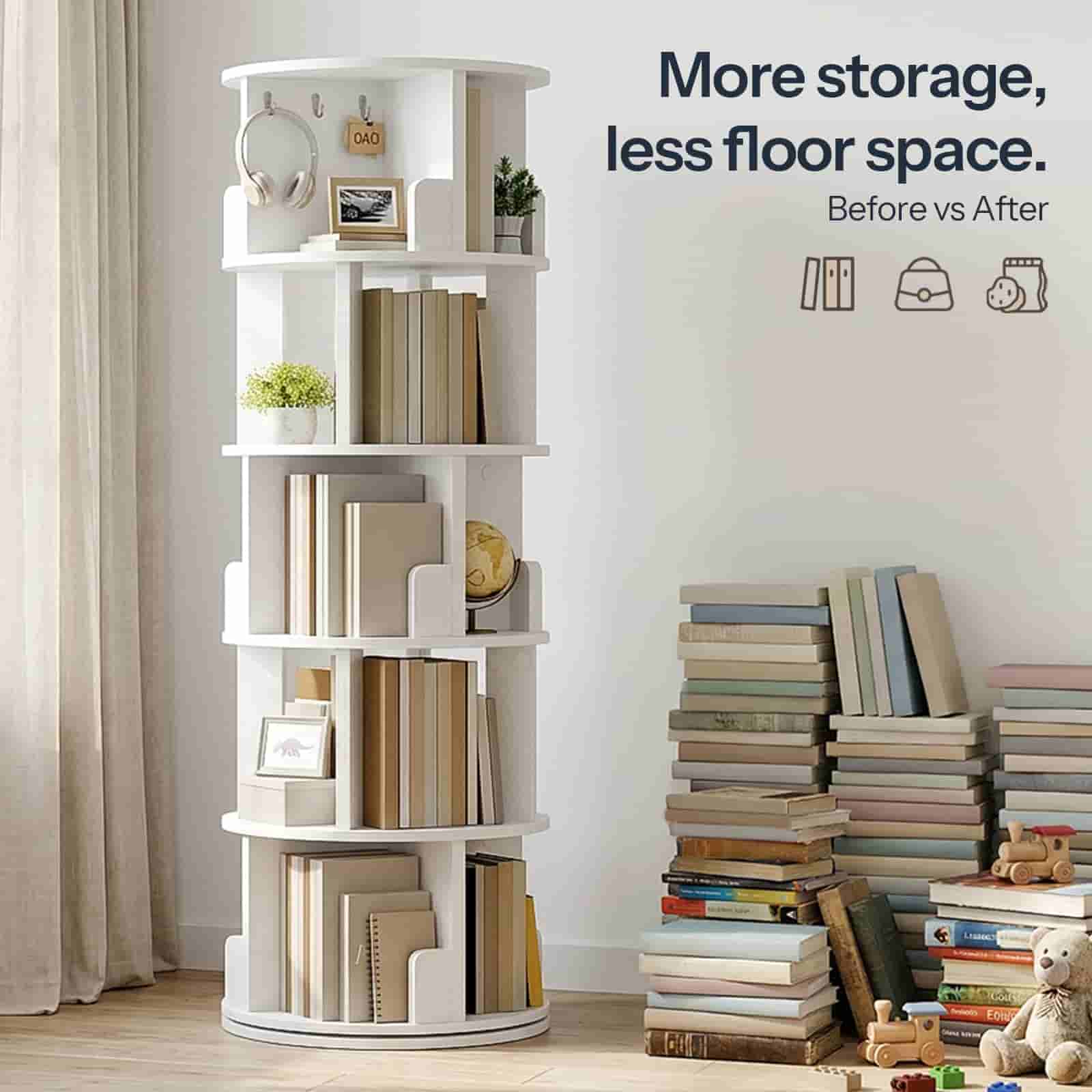 Comparison infographic showing a messy pile of books organized neatly into the tall vertical rotating bookcase.