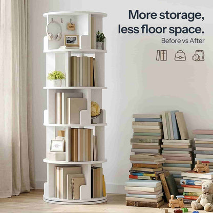 Comparison infographic showing a messy pile of books organized neatly into the tall vertical rotating bookcase.