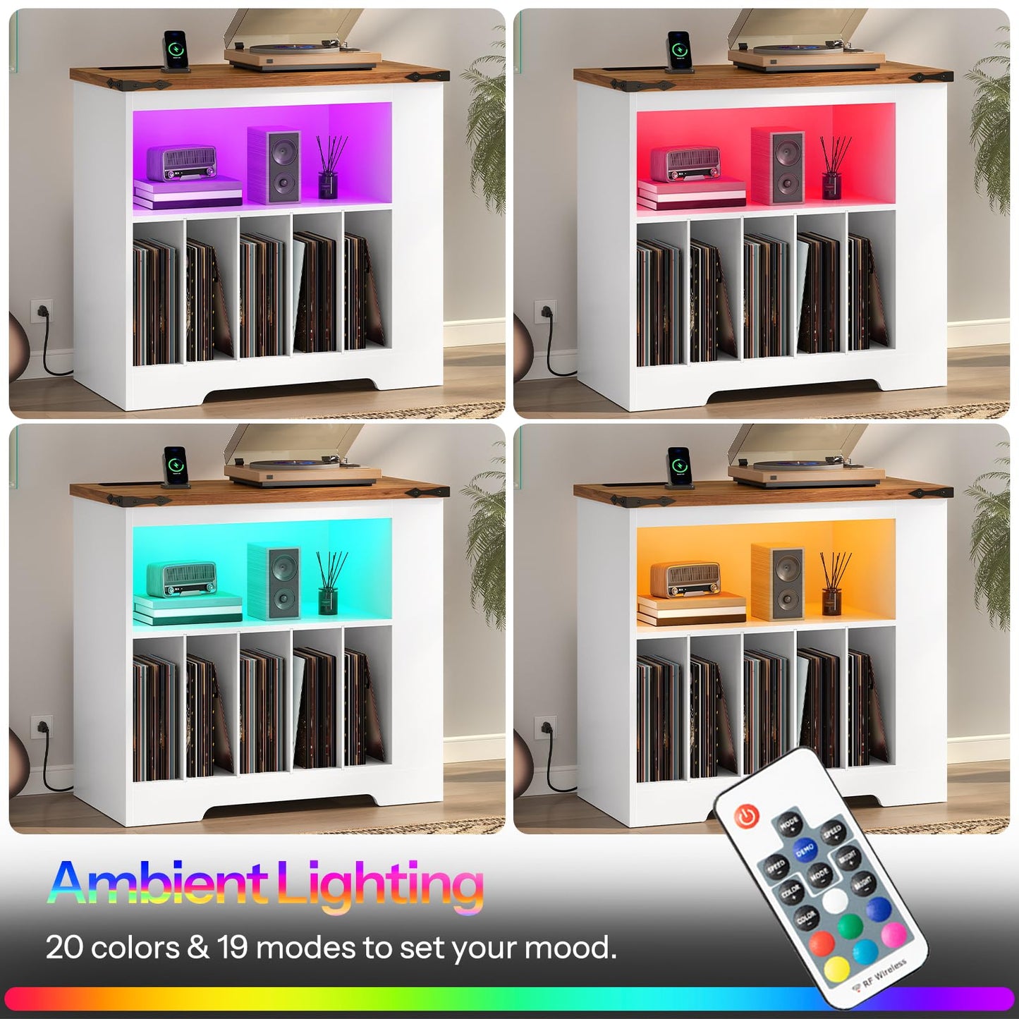 Four color variations of RGB LED ambient lighting strip shown with an infrared remote control for customizable modes.