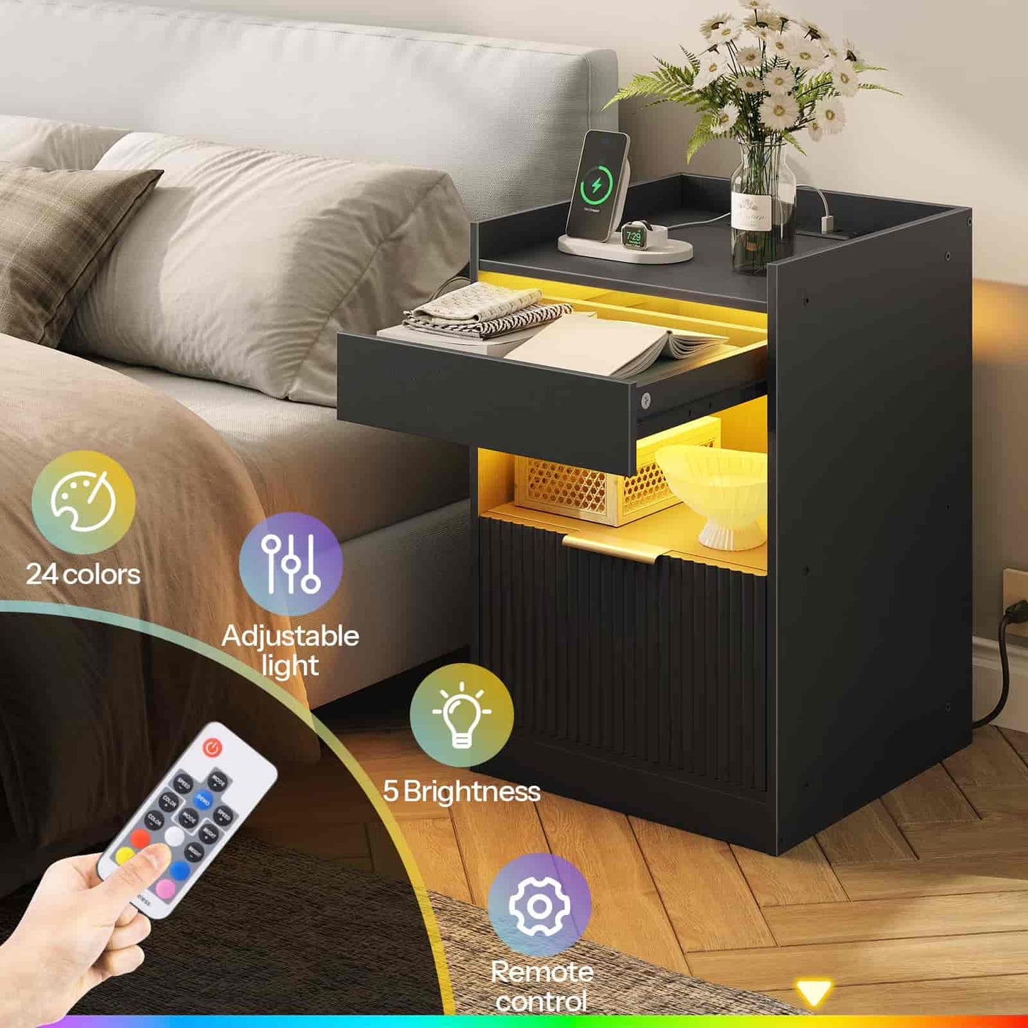 Smart nightstand with LED lighting, remote control, and smartphone charging station in a bedroom setting.