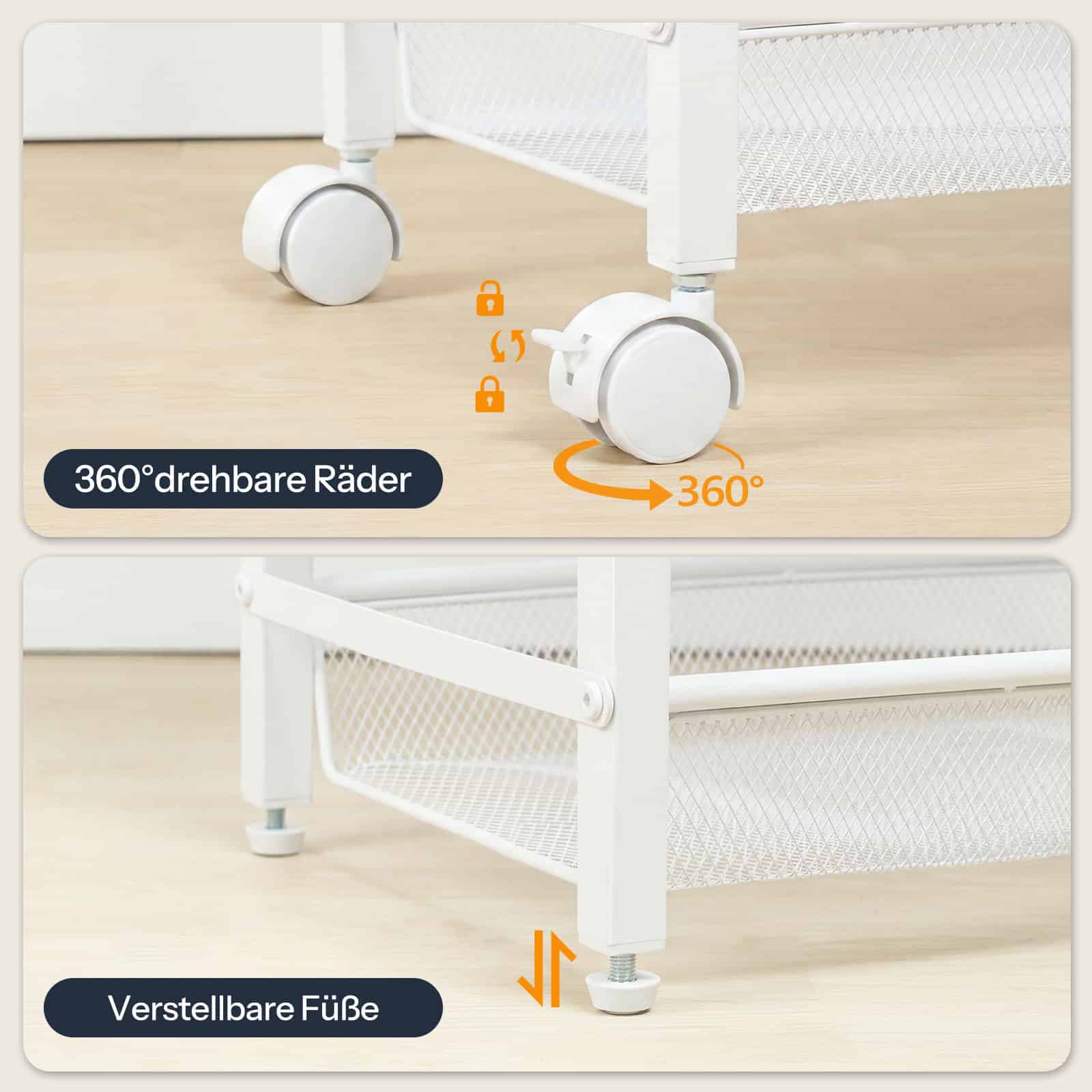 Detail view showing the option to install either 360-degree rolling caster wheels or non-slip leveling feet on the bottom frame.