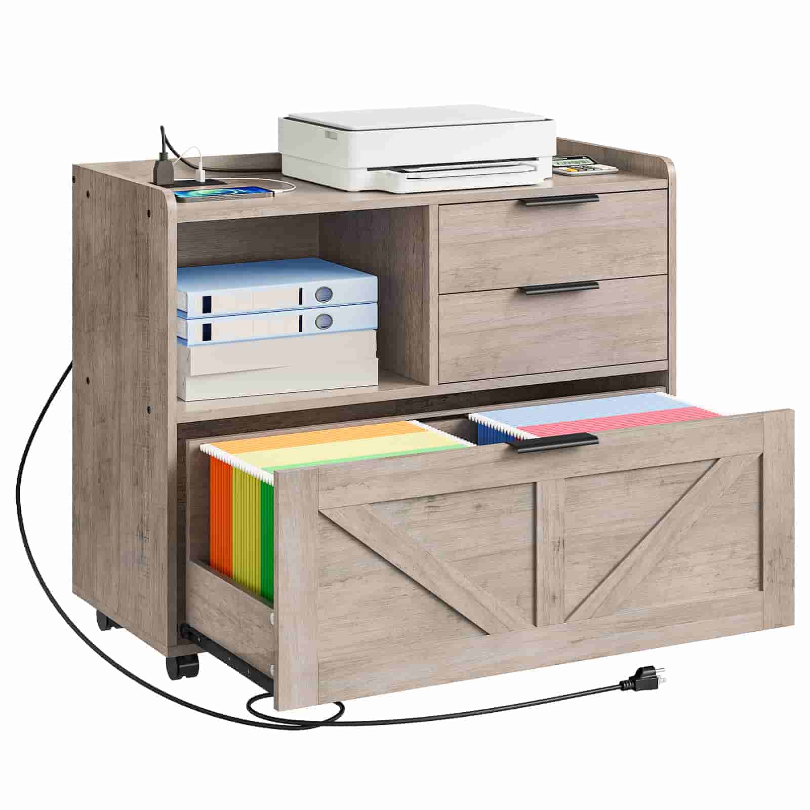 Studio shot of a grey wood rolling file cabinet with drawers pulled out, showing the attached power cord.