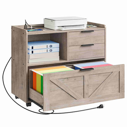 Studio shot of a grey wood rolling file cabinet with drawers pulled out, showing the attached power cord.
