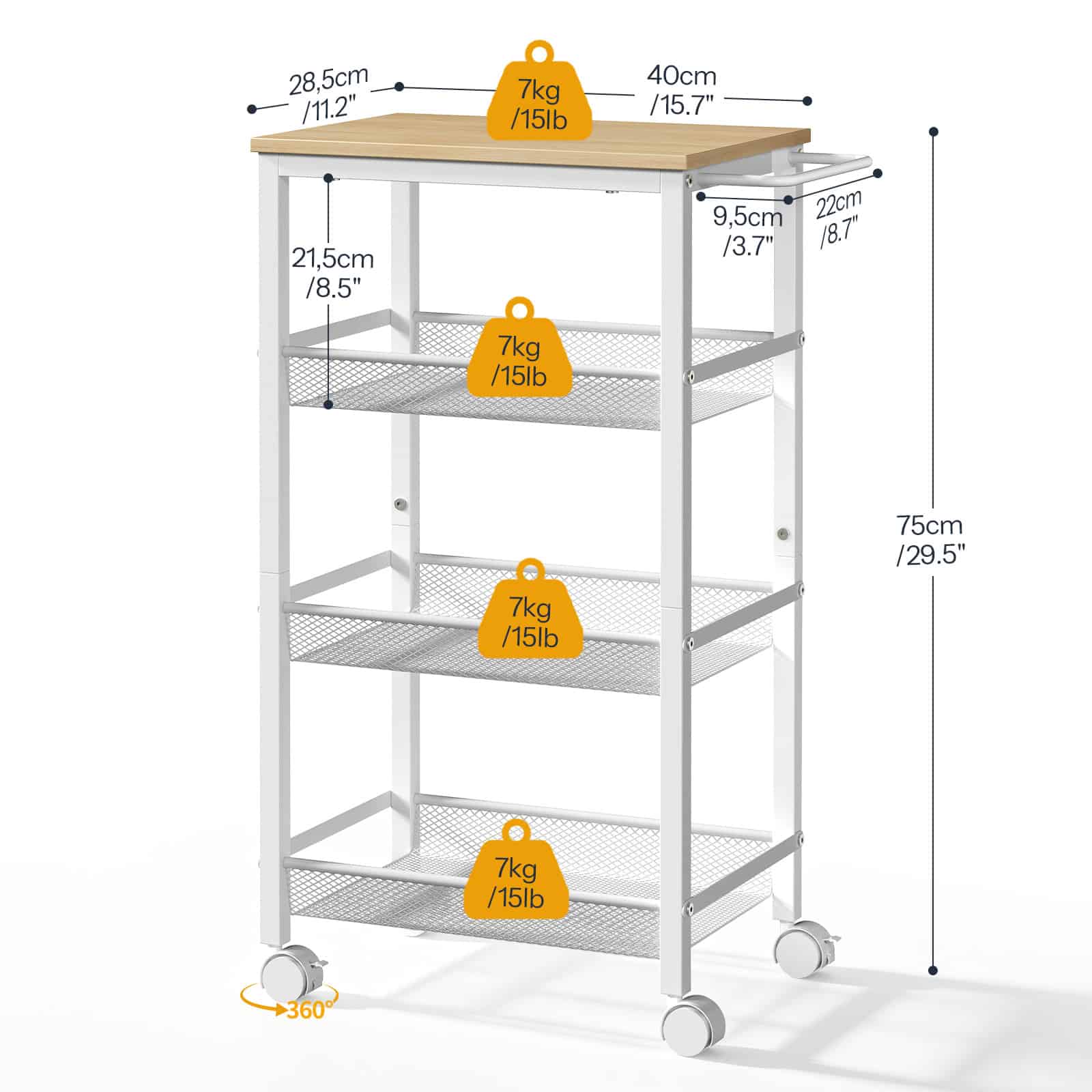 Dimension chart of the rolling kitchen cart showing width, height tiers, and weight capacity indicators for each shelf.