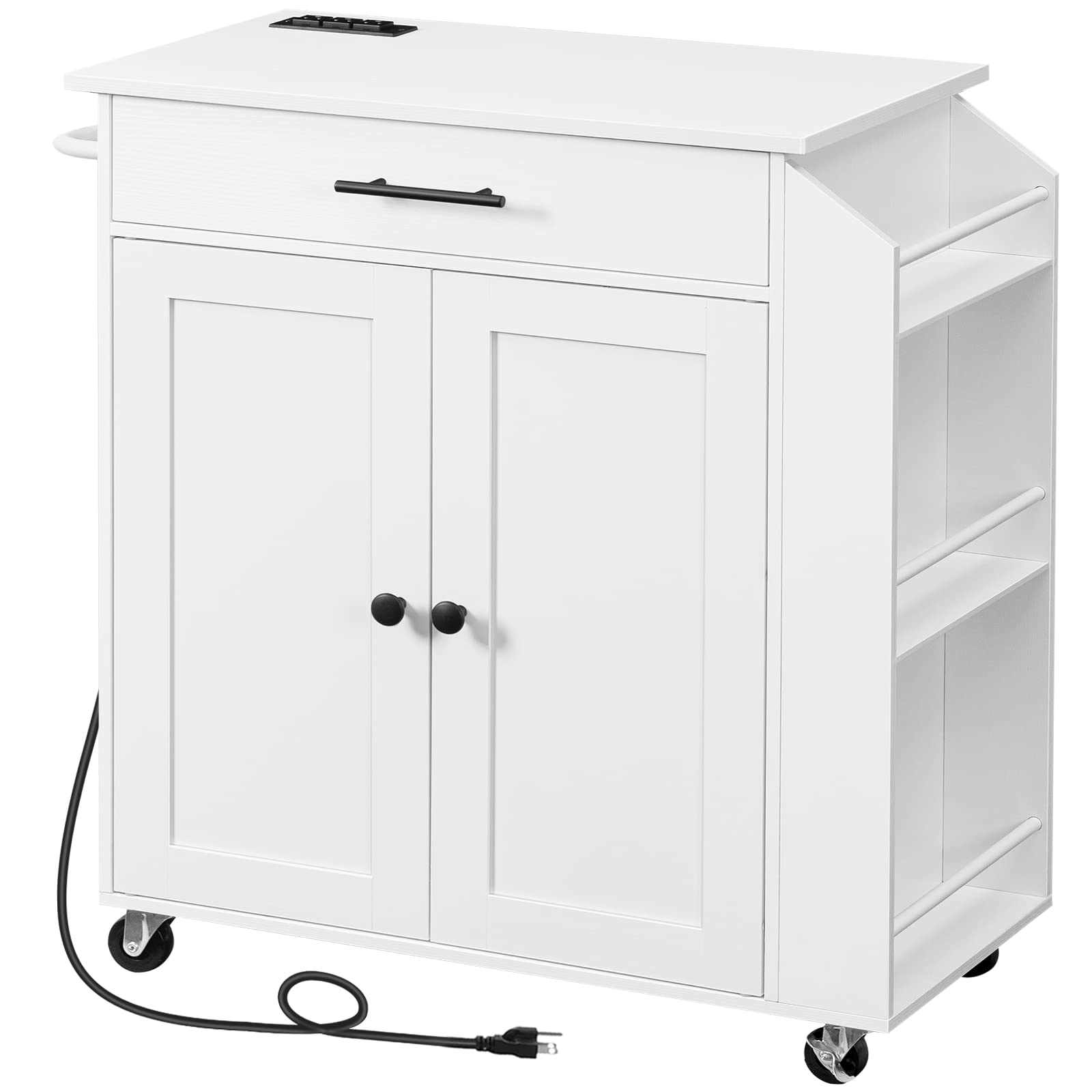 White kitchen island cart with wheels on a white background