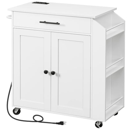 White kitchen island cart with wheels on a white background