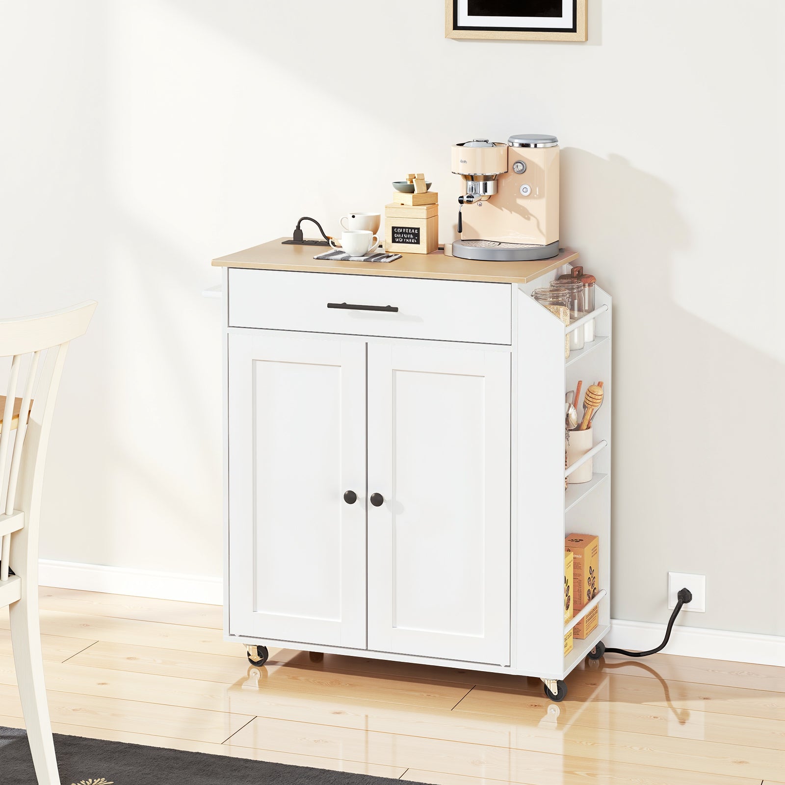 White kitchen cart with wooden top in a kitchen setting