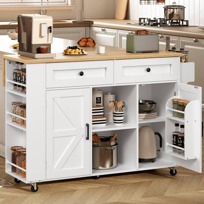 Rolling kitchen utility cart with open doors and drawers showing storage space for pots, plates, and coffee maker.