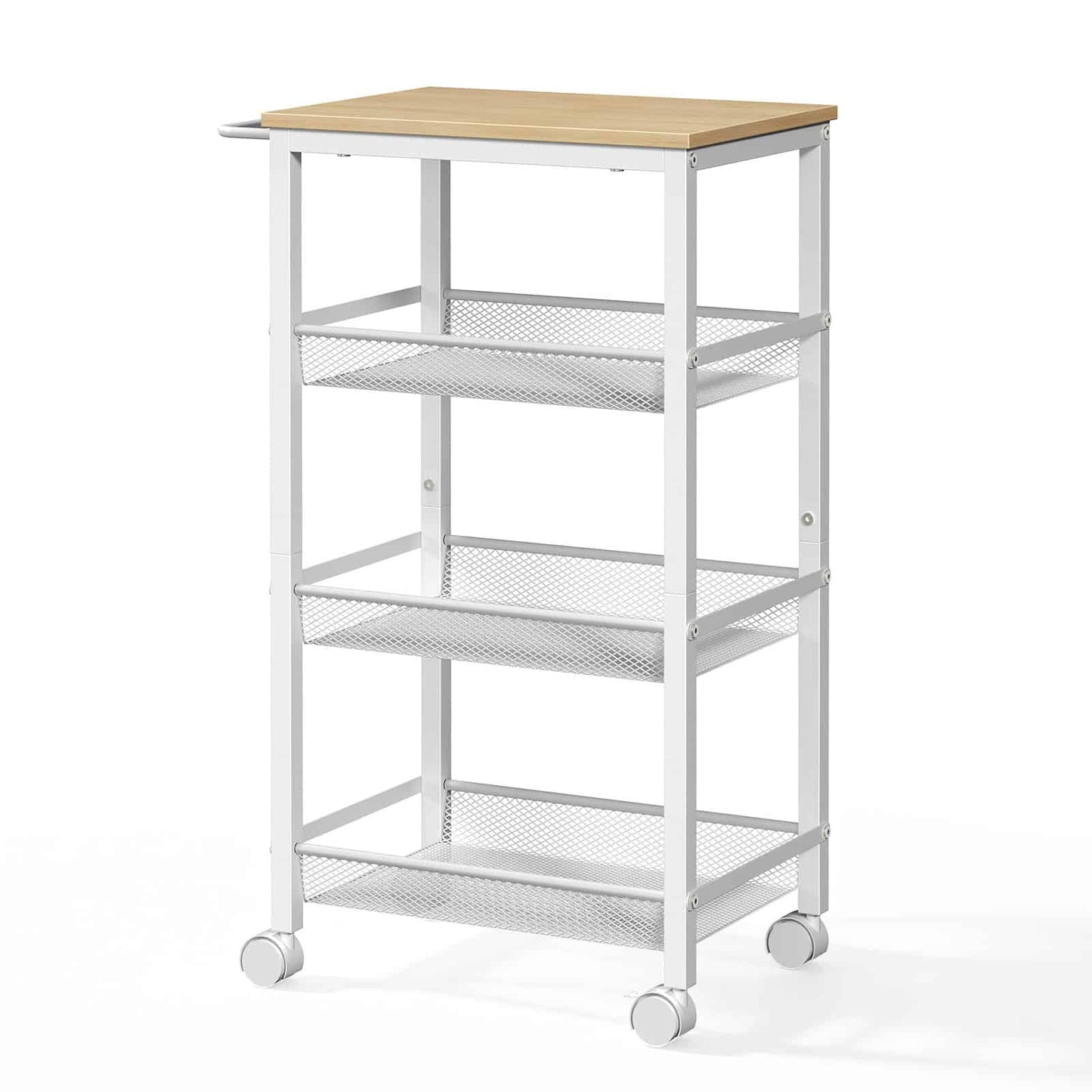 Studio white background shot of an empty 4-tier rolling storage cart with a light wood top and three mesh wire baskets.