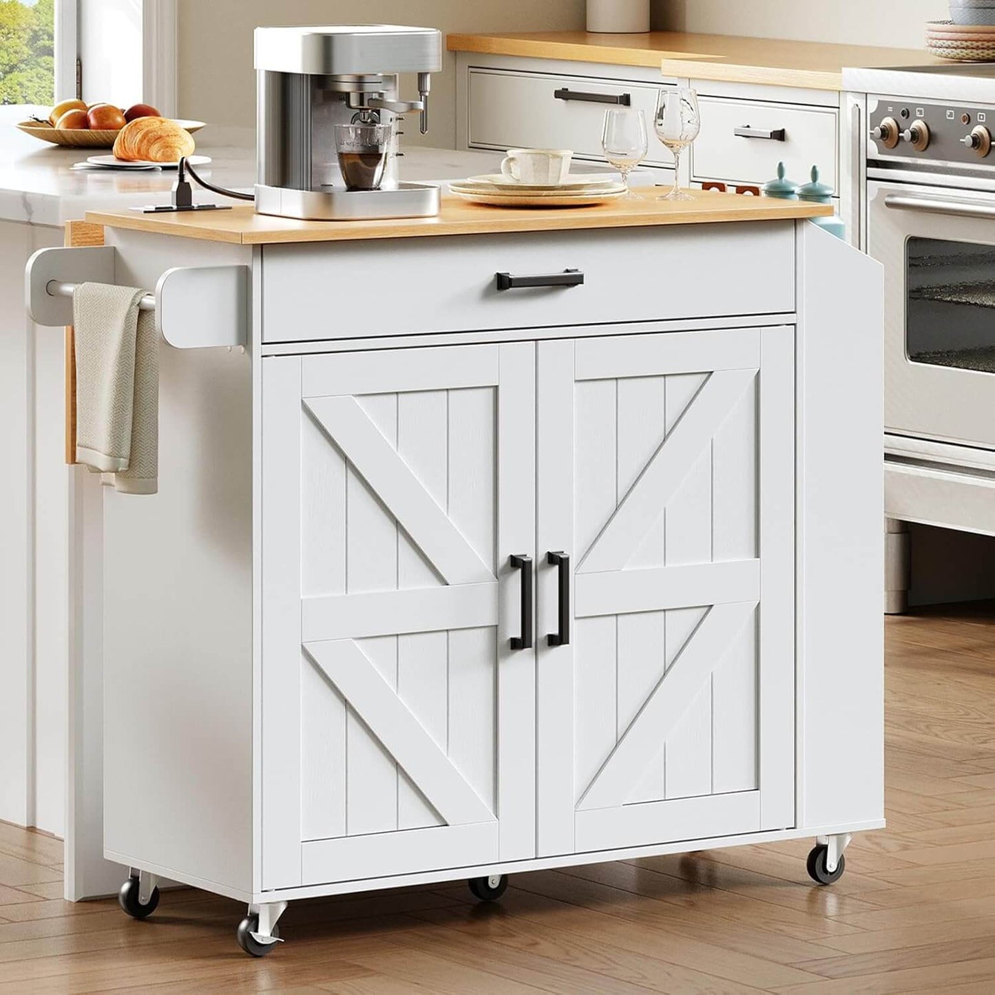 White kitchen island with wooden countertop in a modern kitchen setting