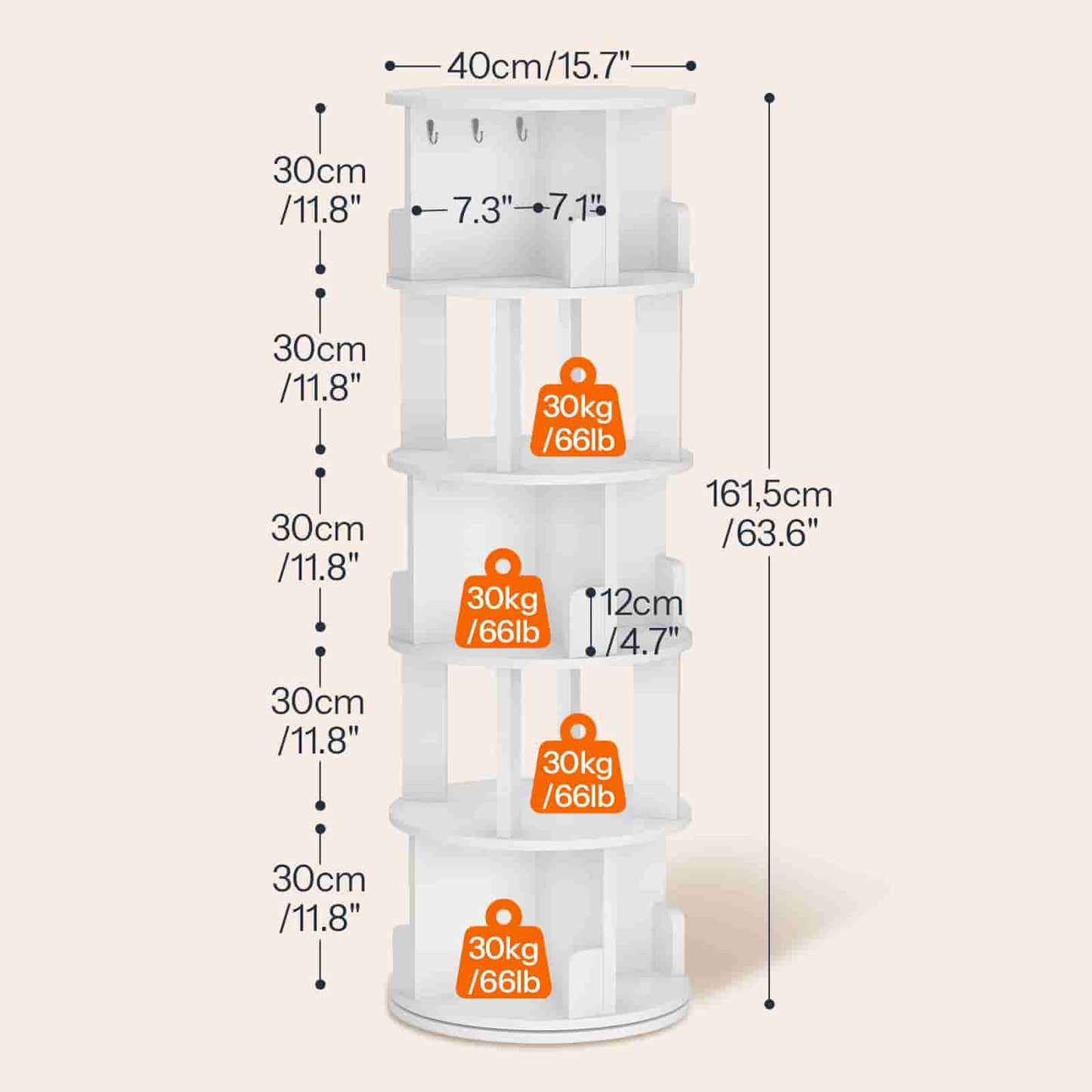 Detailed dimension chart of the rotating bookshelf showing 161cm total height and shelf load capacity.