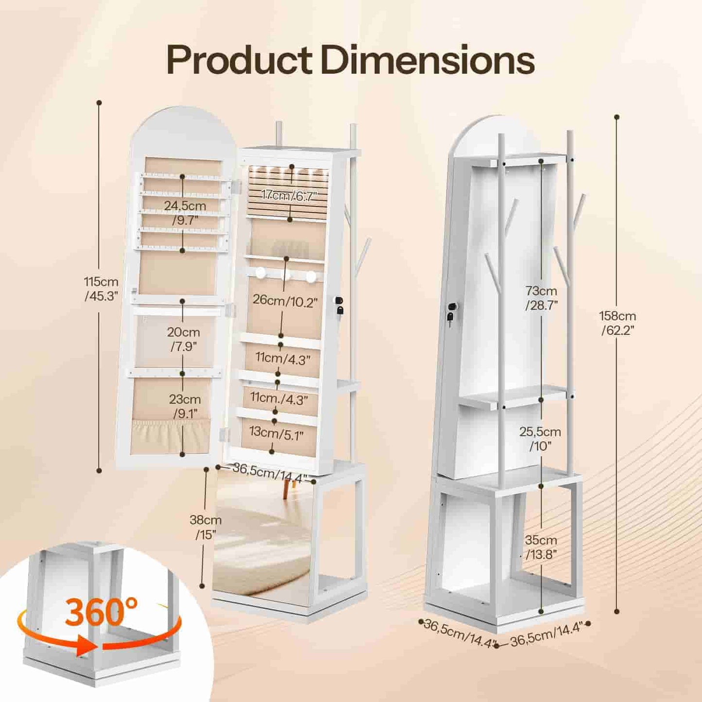  Dimension chart of the rotating jewelry mirror armoire showing height, width, and base details.