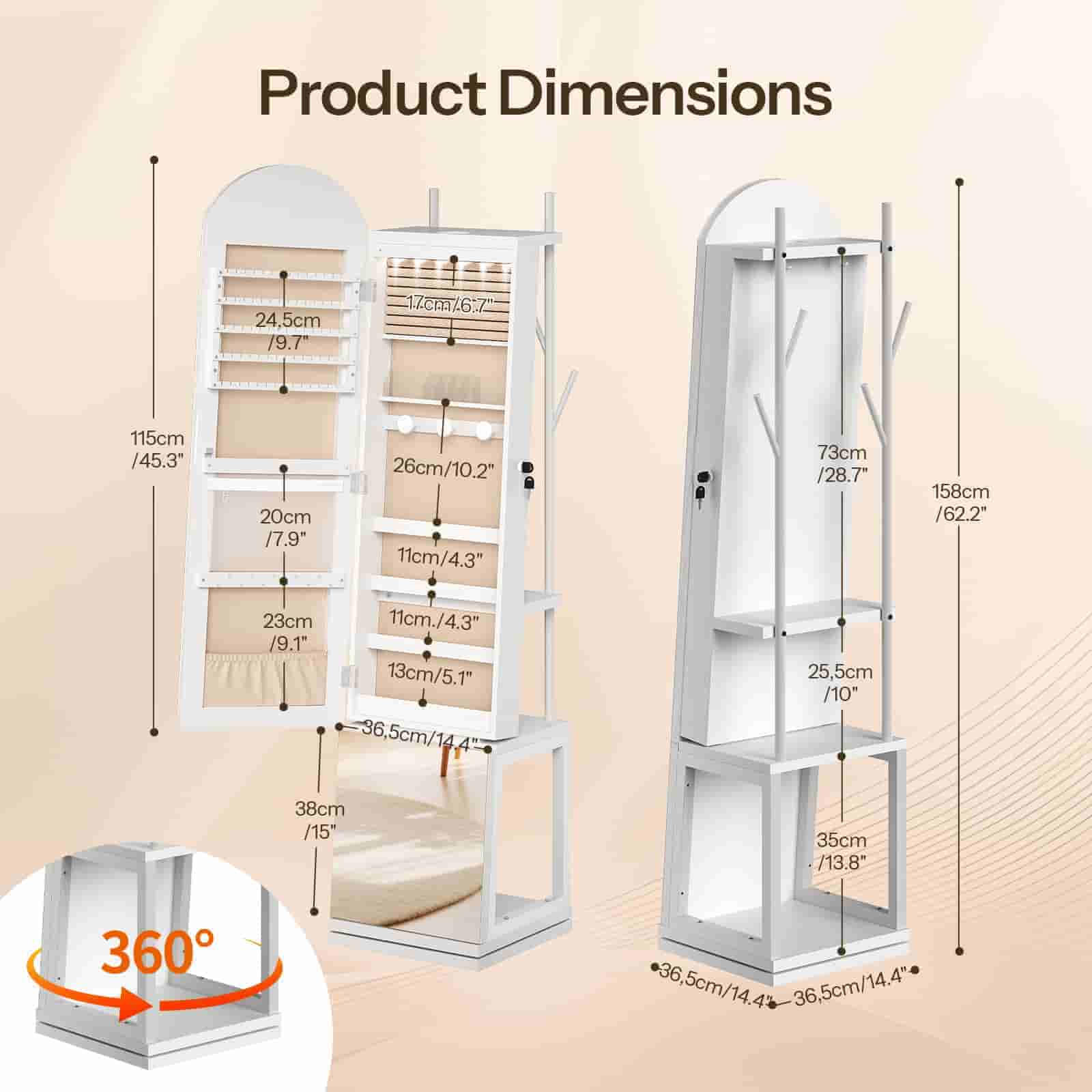  Dimension chart of the rotating jewelry mirror armoire showing height, width, and base details.