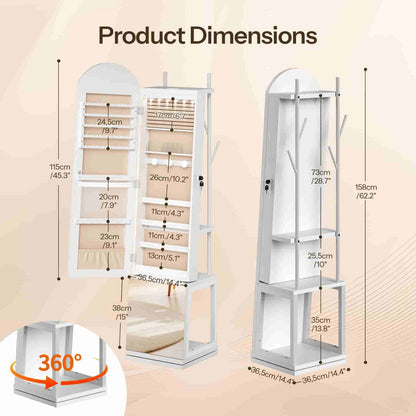  Dimension chart of the rotating jewelry mirror armoire showing height, width, and base details.