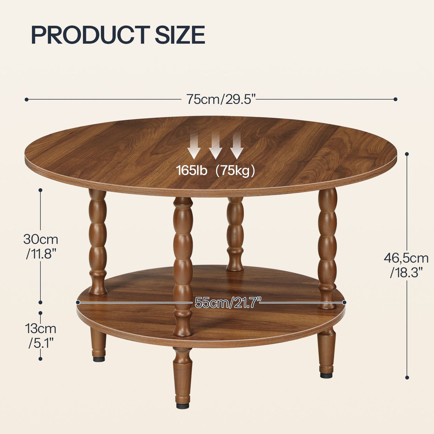 Size dimensions and weight load capacity chart for the round wooden 2-tier coffee table.