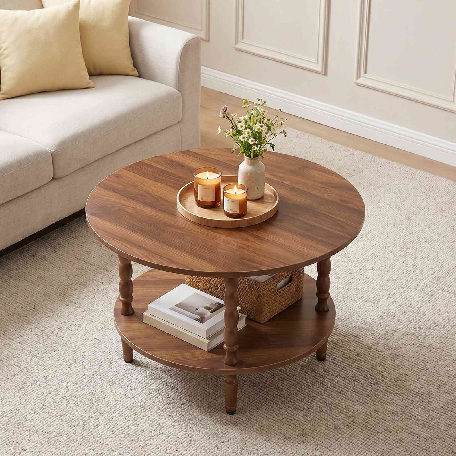 Rustic brown round coffee table styled on a rug next to a white couch with candles and flowers.
