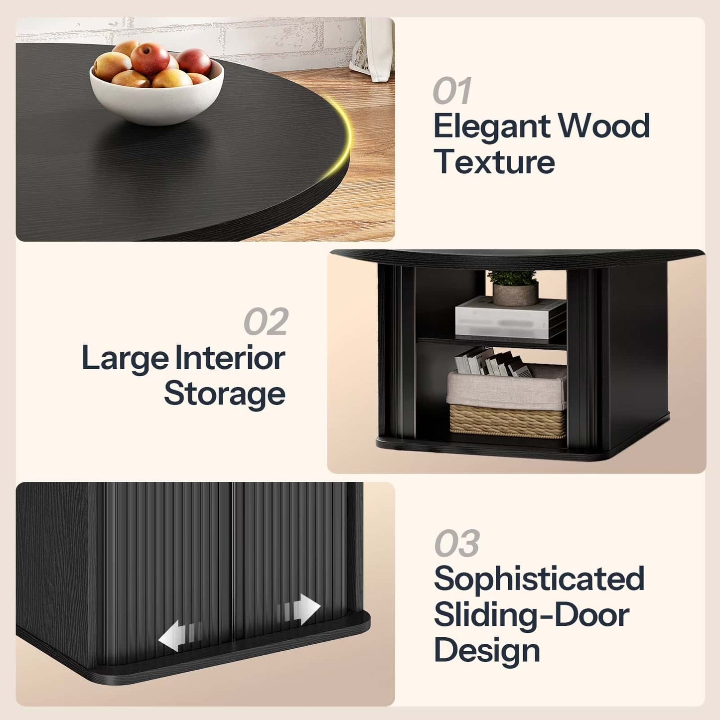 Key features diagram showing elegant wood texture, large interior storage, and sliding doors.
