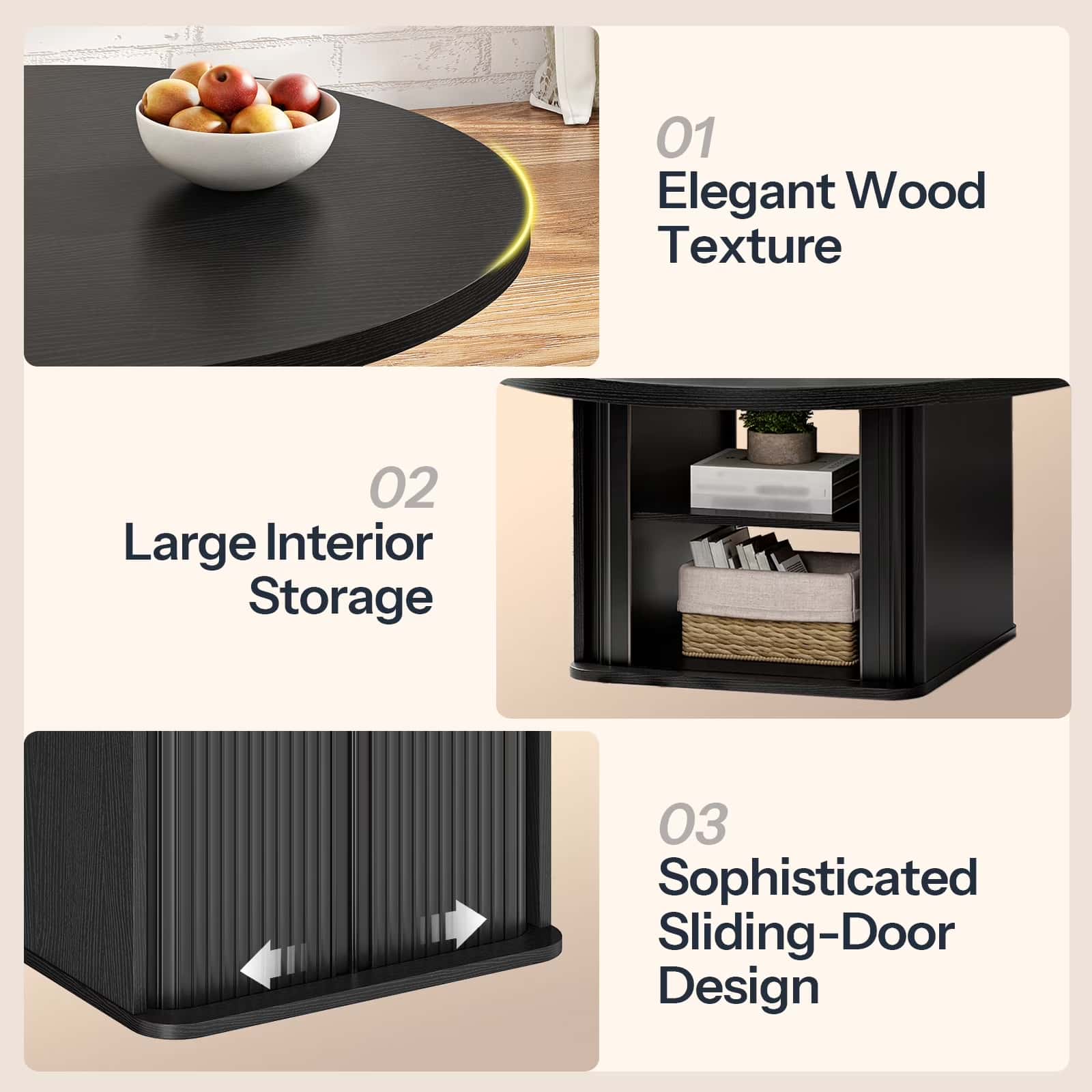 Key features diagram showing elegant wood texture, large interior storage, and sliding doors.