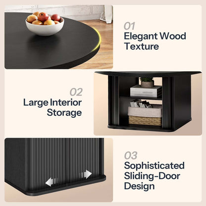 Key features diagram showing elegant wood texture, large interior storage, and sliding doors.