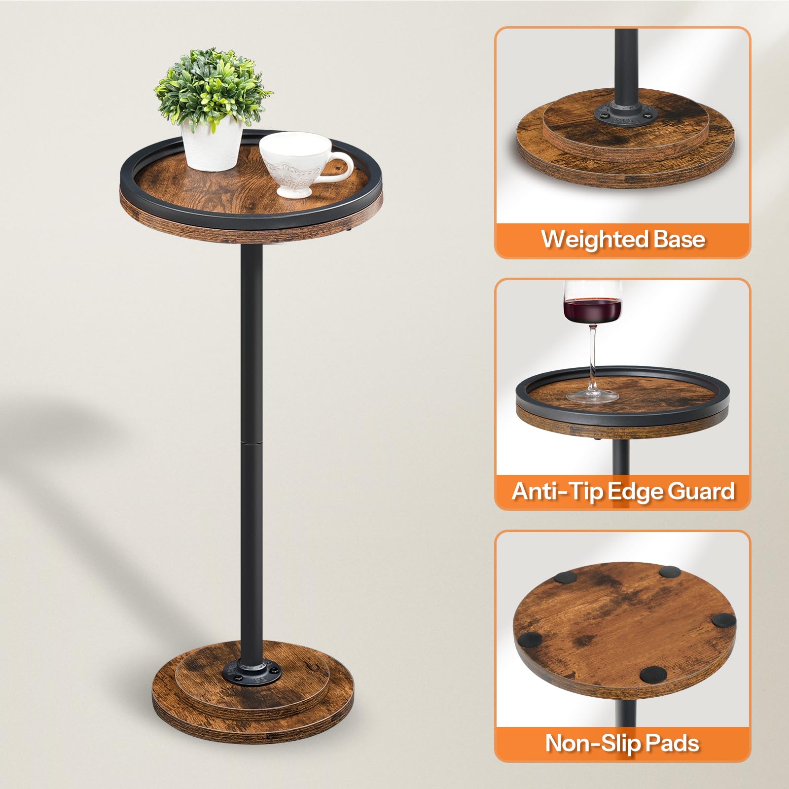 Three-panel close-up highlighting the tray top with raised edges, sleek metal post, and solid wood round base.
