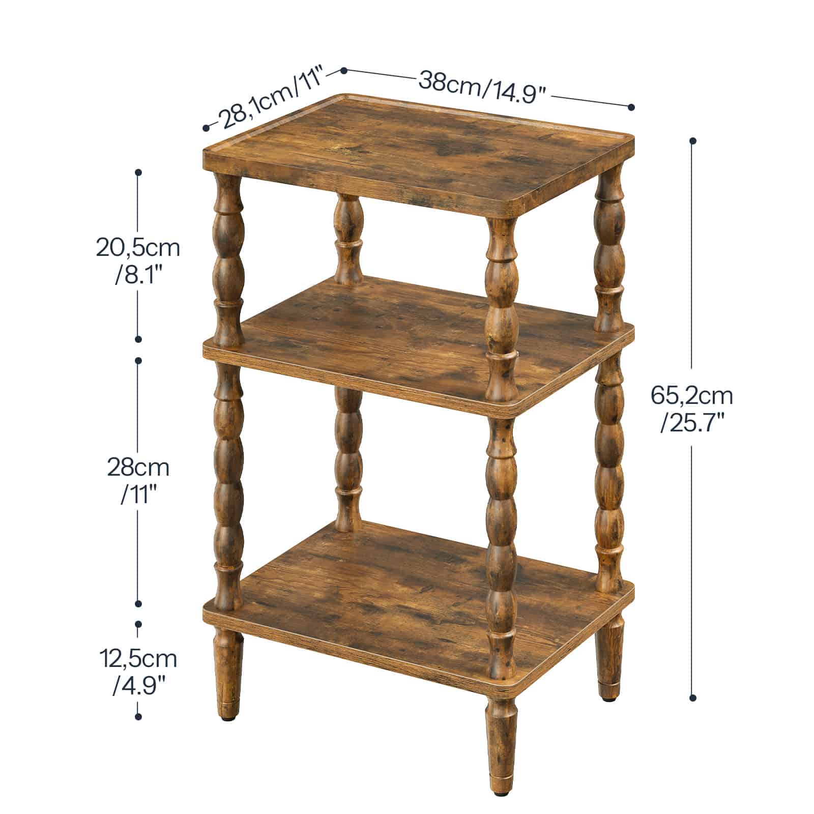 Detailed dimension chart of the rustic 3-tier bedside nightstand showing total height, width, and individual shelf clearance.